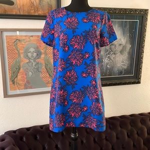J.Crew navy blue and bright pink flower dress.